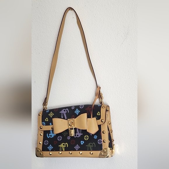 Tweedy Bow Monogram Signature Satchel Purse Bow Snap Closure Black Multicolor - Picture 11 of 11